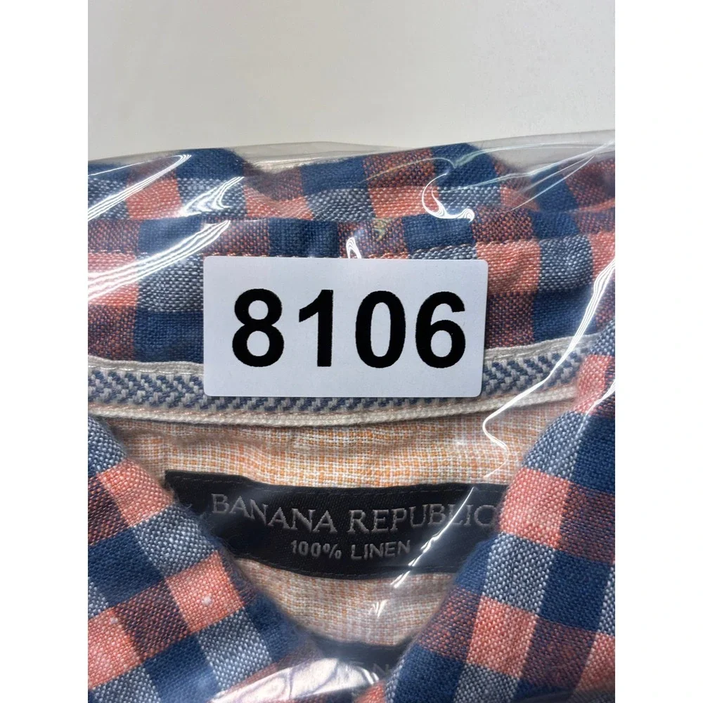 Banana Republic Camden Fit Mens Medium 100% Linen Gingham Shirt Navy Coral Pink